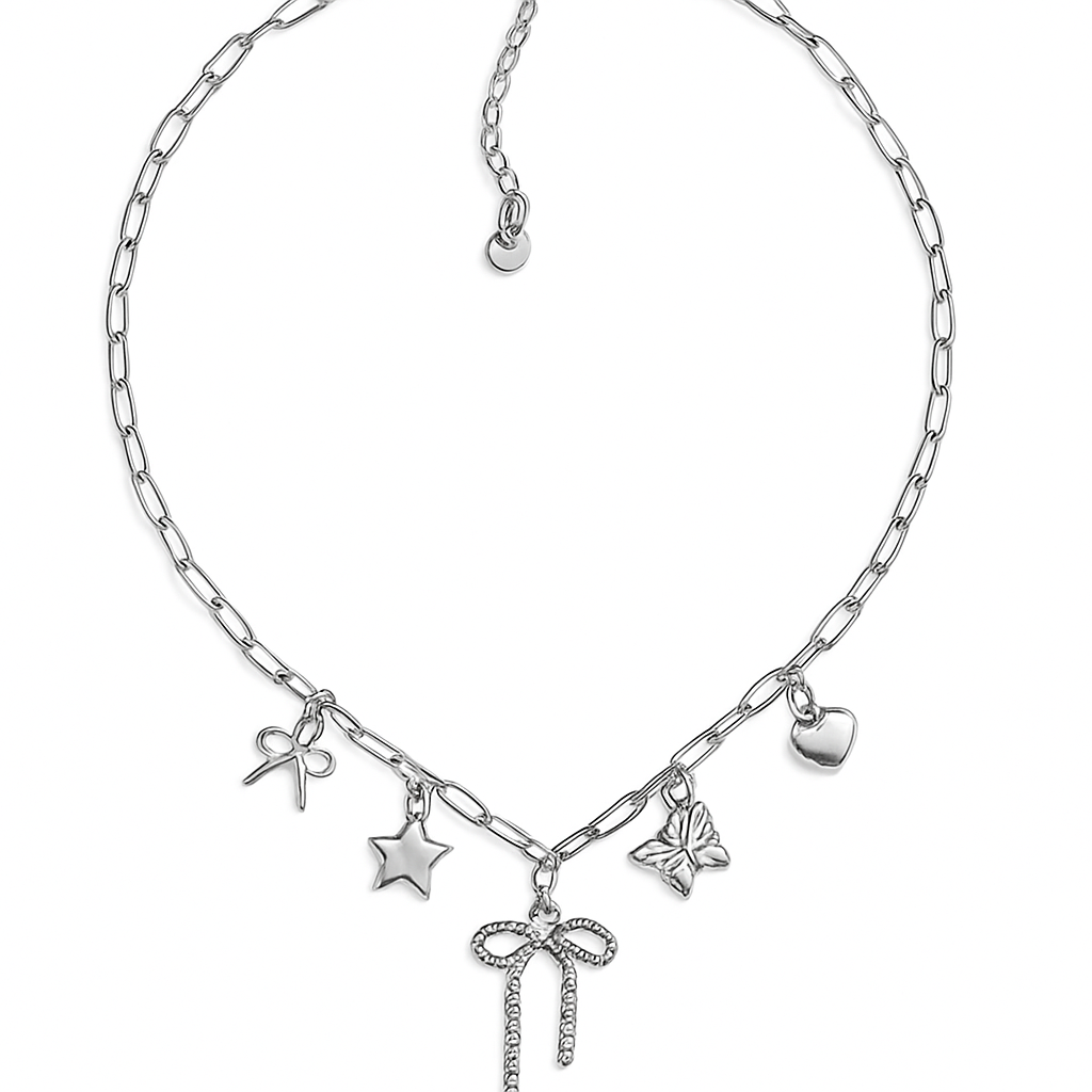 Stainless Steel Charm Necklace – Bow, Star & Butterfly