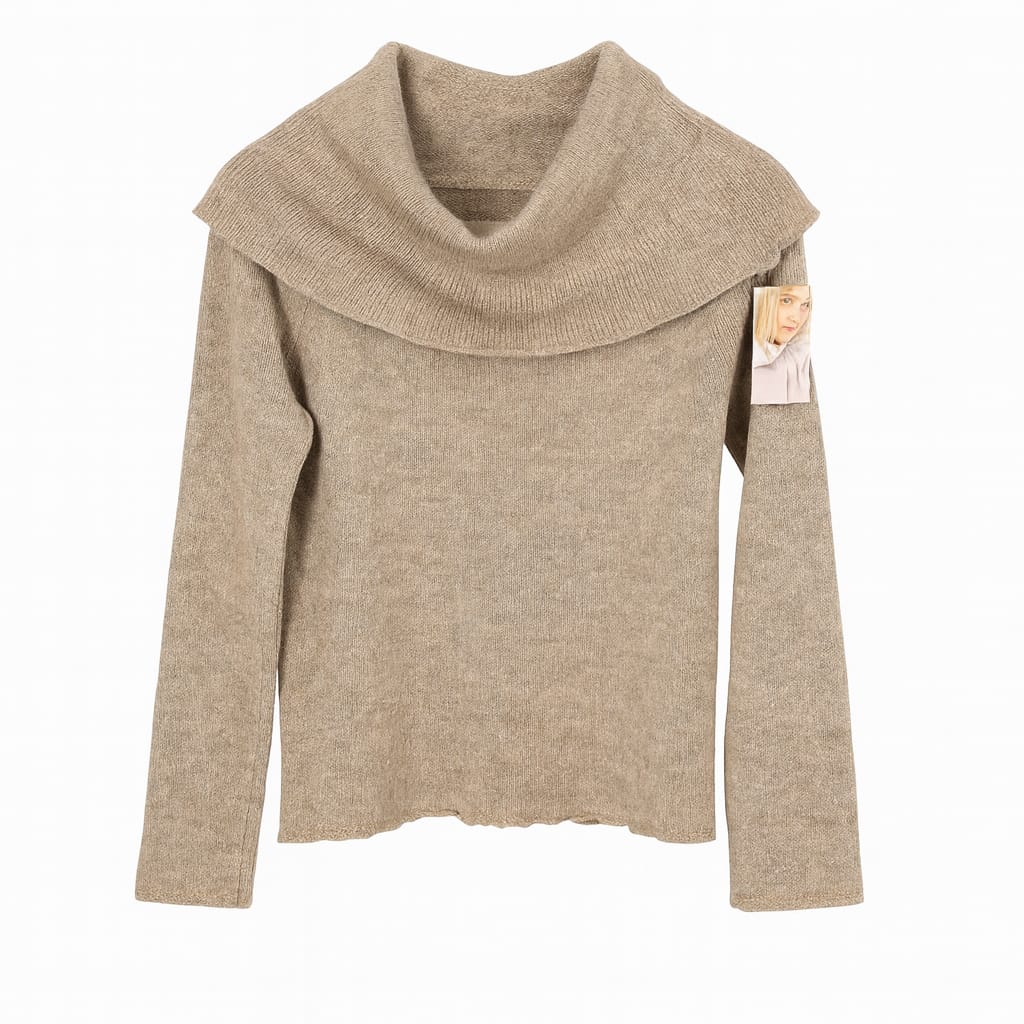 Beige fijngebreide top met boothals en lange mouwen