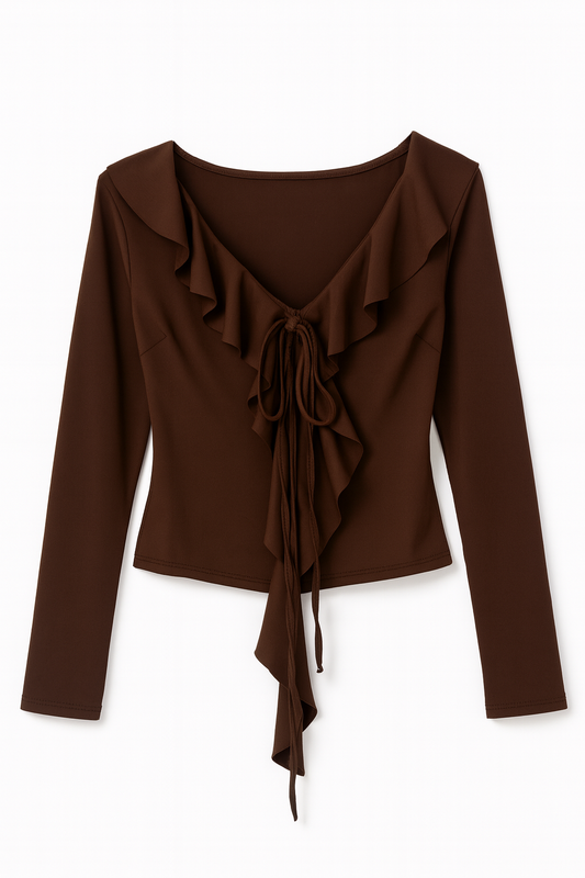 Bruine top met ruches en strikdetail