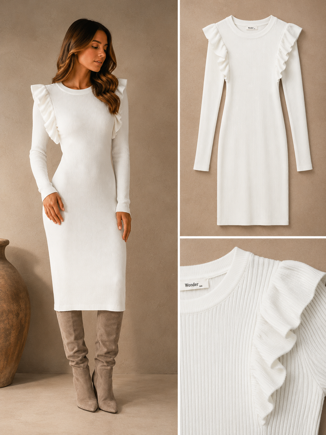 Nena soft stof ribbel stretch Witte jurk