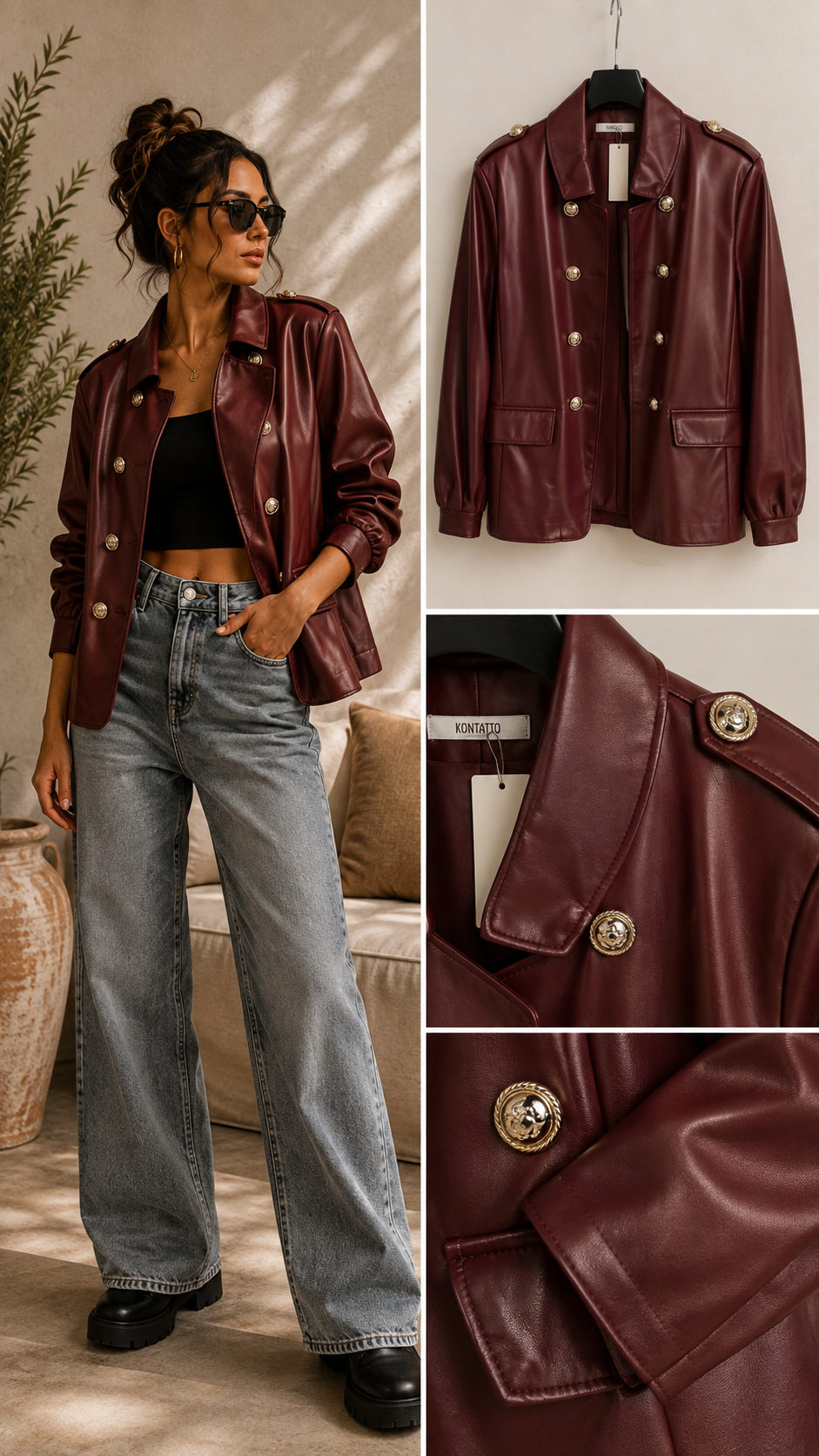 Esmee Bordeaux lederlook jas gouden details