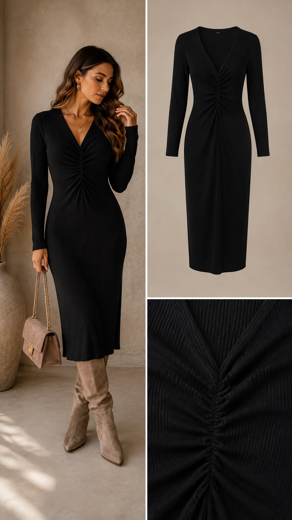 Roxy stretch jurk soft stof jurk knie lengte zwart