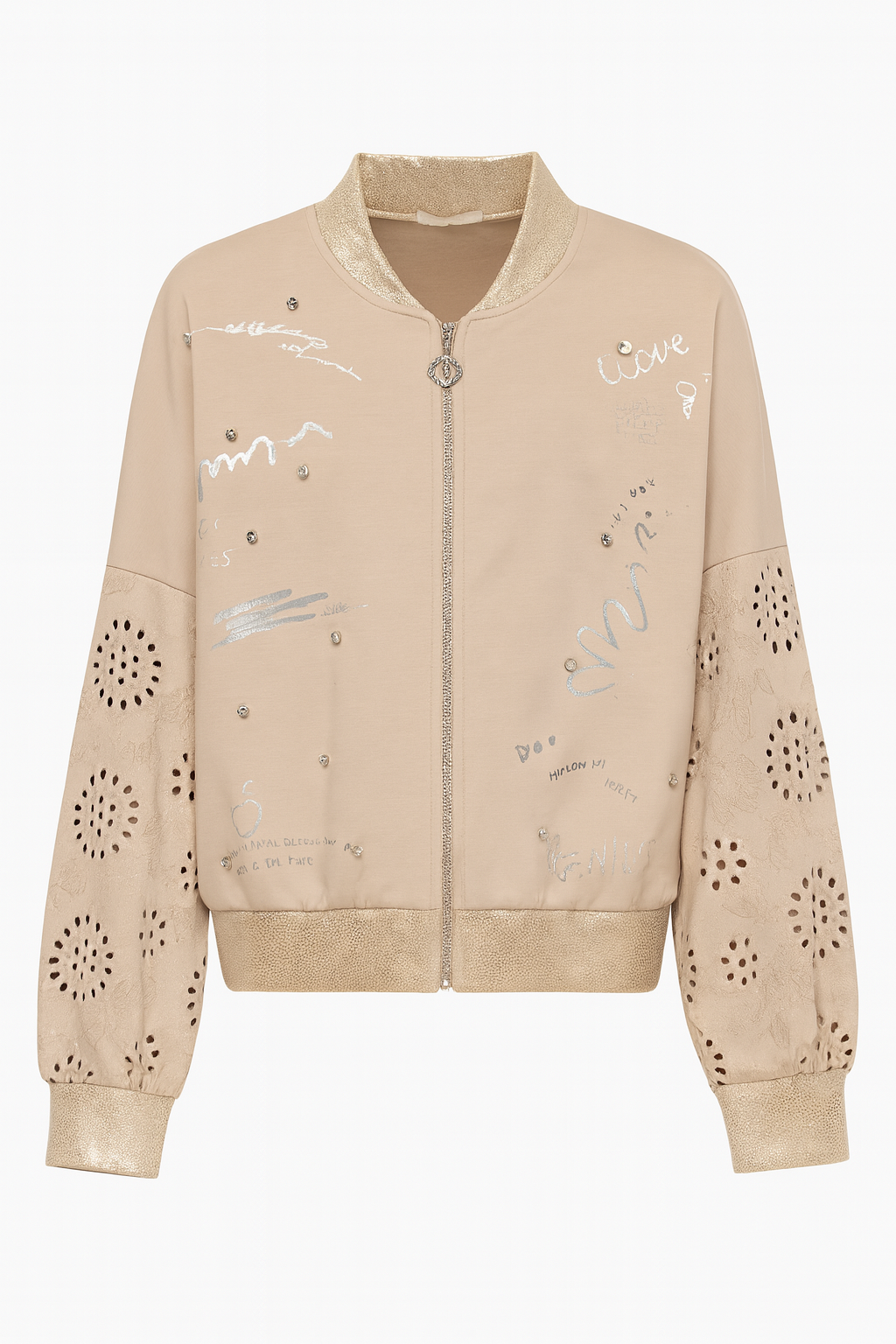 Beige bomberjack met grafische print en broderie mouwen