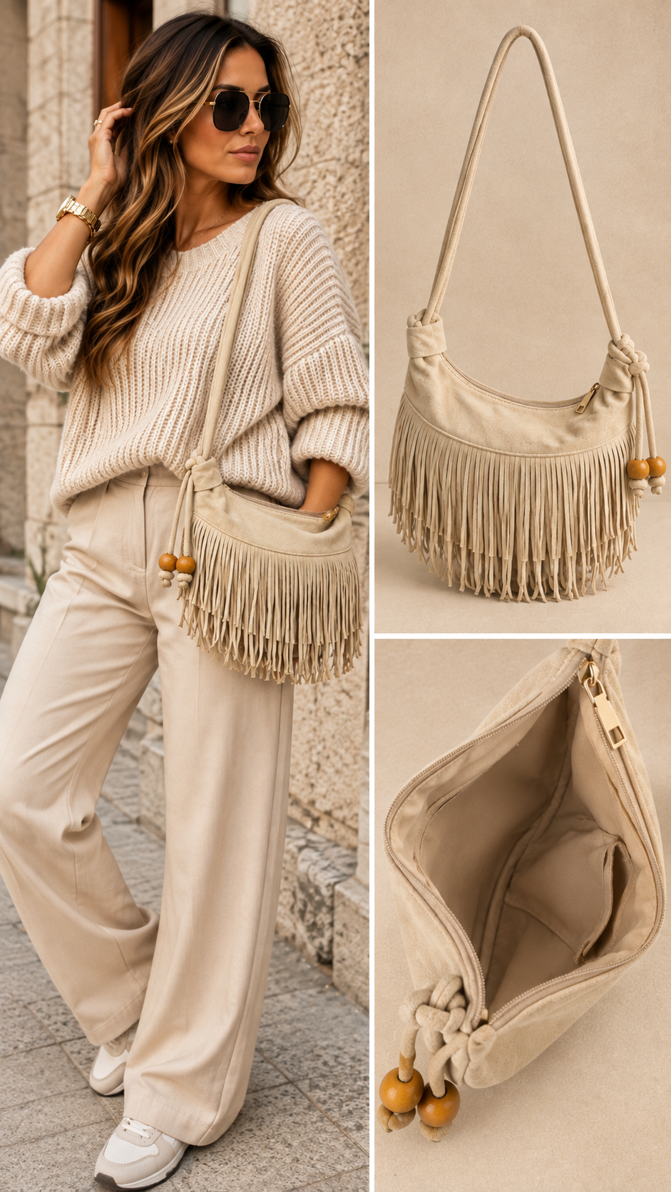 Elin Stijlvolle franje suèdine tas beige
