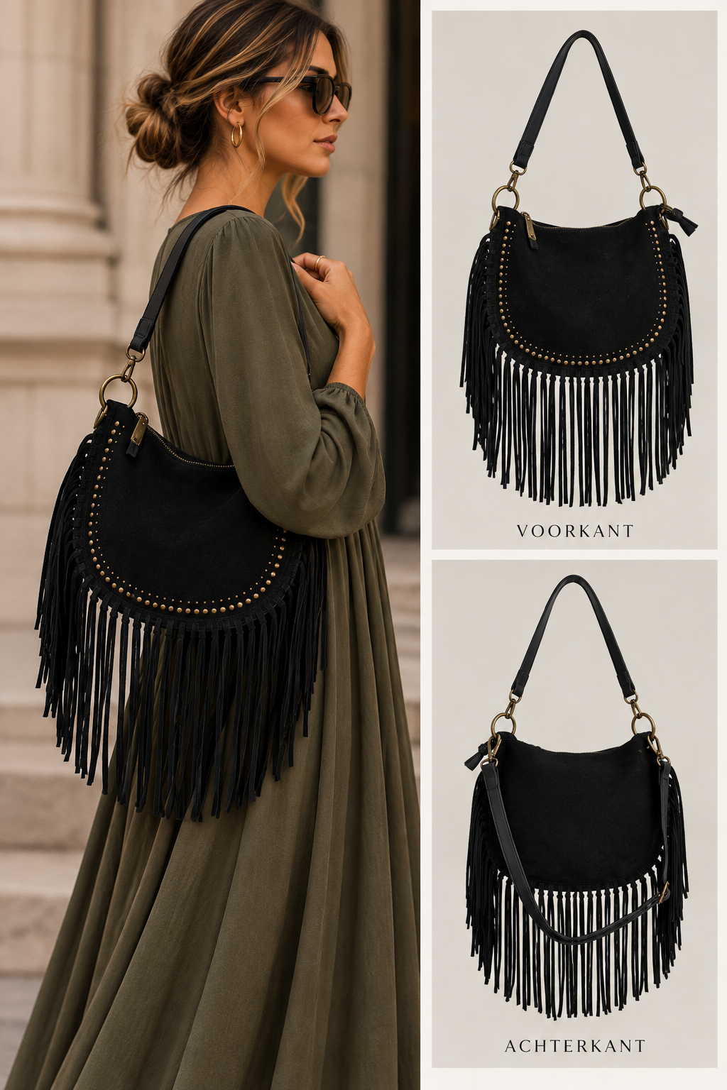 Faye BOHO franje tas zwart