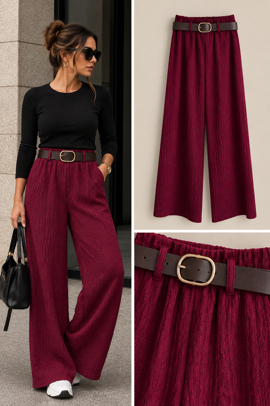 Lou crêpe broek met riem bordeaux