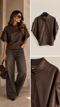 Kiki Poncho jasje lederlook oversized Choco bruin