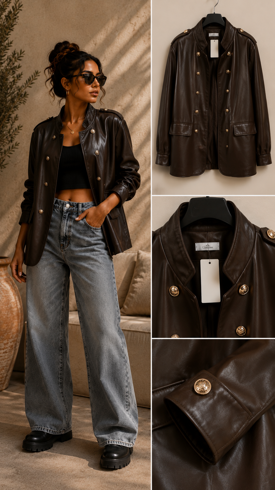 Esmee Bruin lederlook  jas gouden details