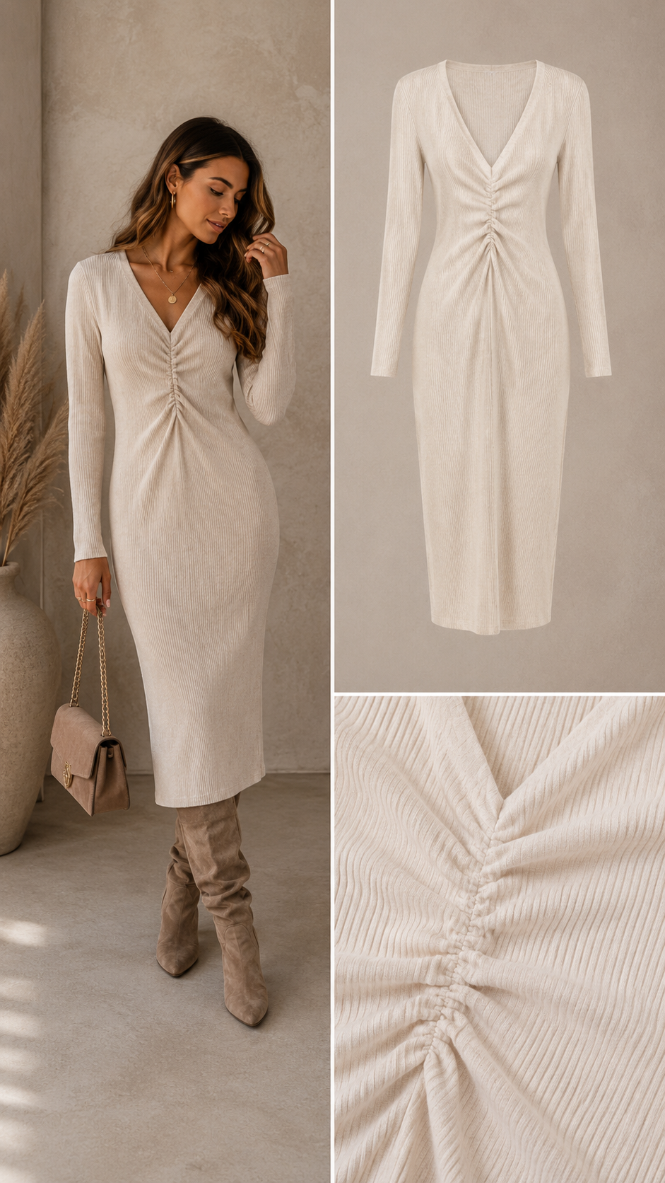 Roxy stretch jurk soft stof jurk knie lengte beige