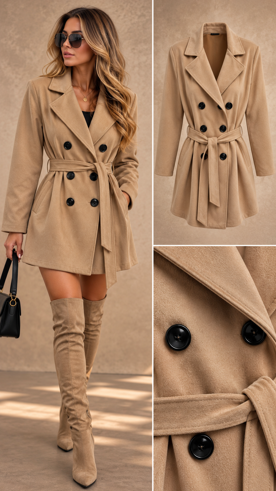 Tess Suedine Trenchcoat model beige kort