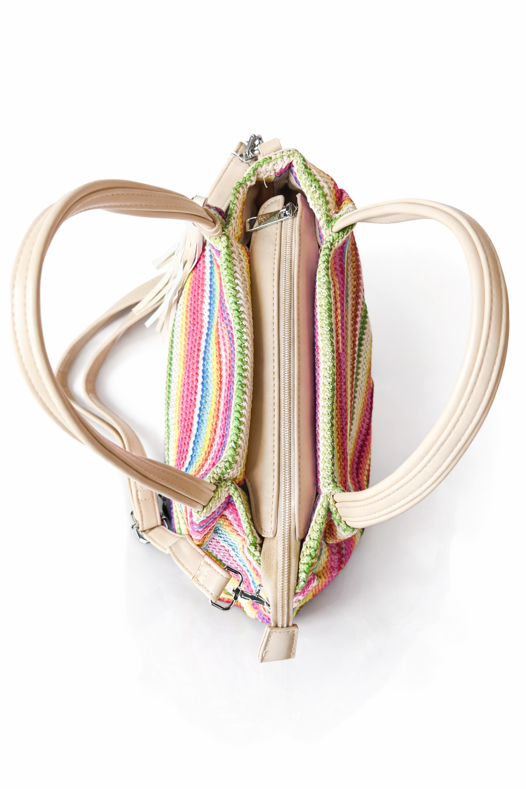 Zomerse gestreepte handtas met schouderband & kwast – multicolor