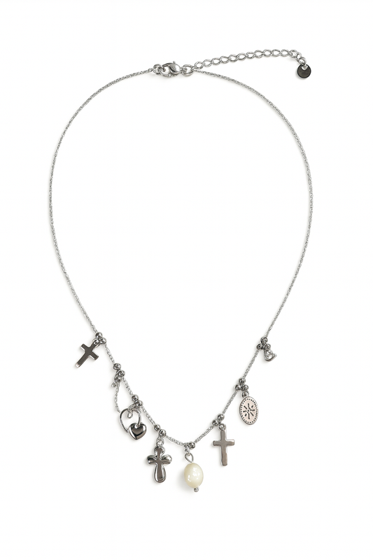 Stainless Steel Charm Necklace – Cross & Pearl Details