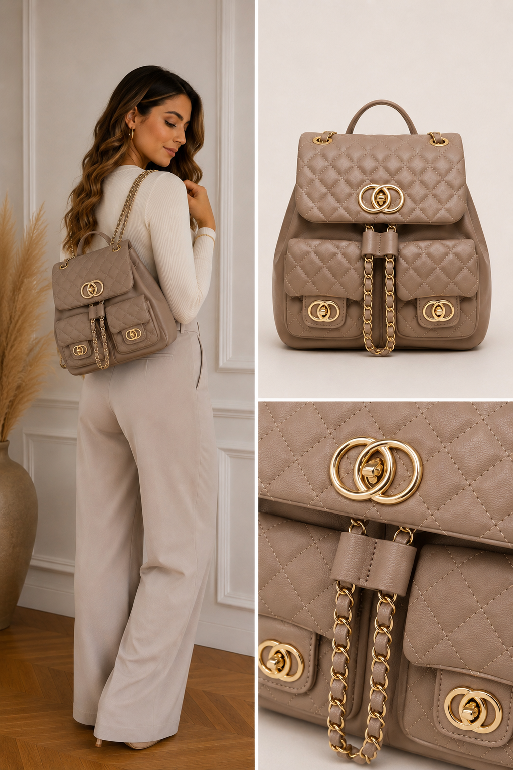Cloe Taupe rug tas gouden details