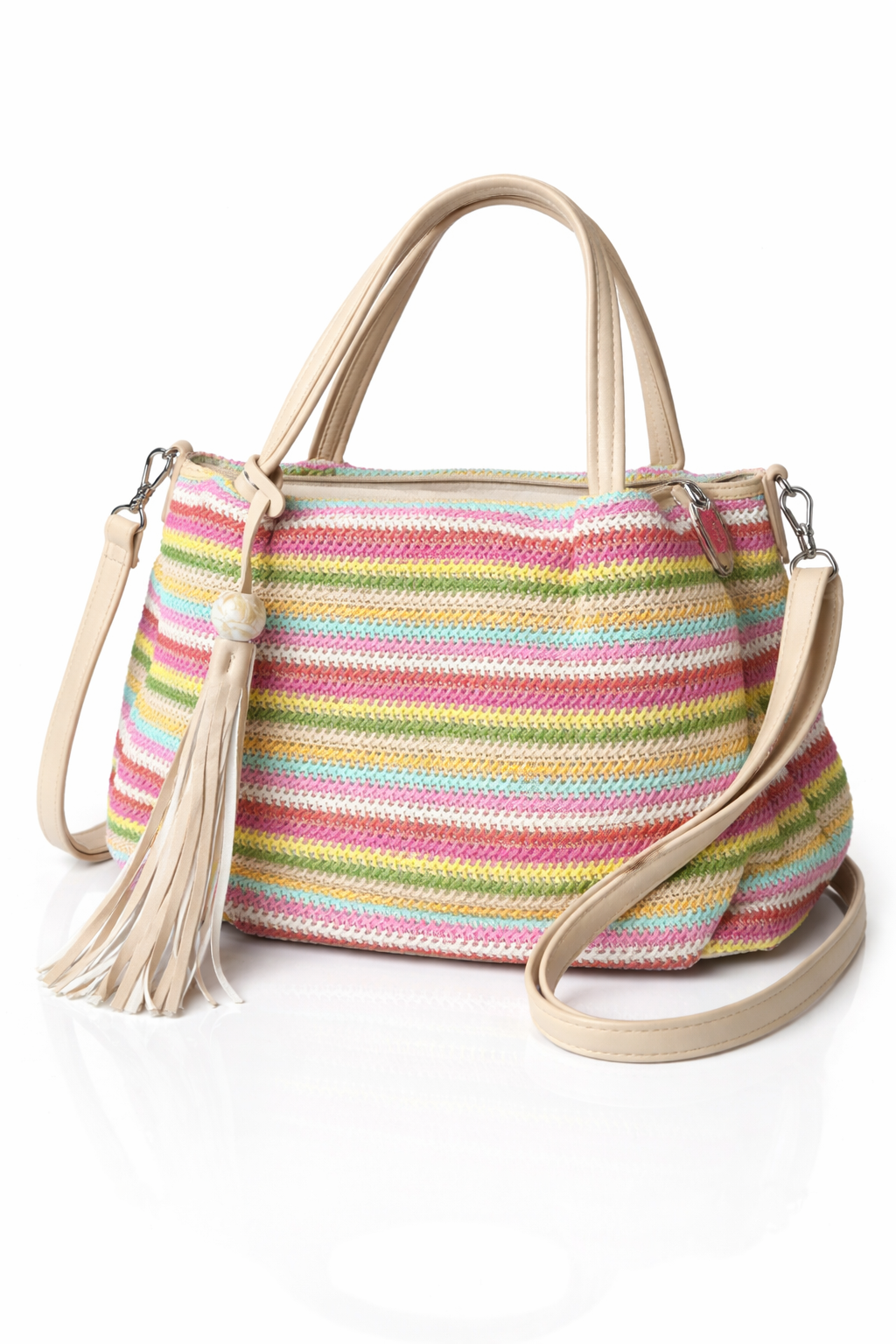 Zomerse gestreepte handtas met schouderband & kwast – multicolor