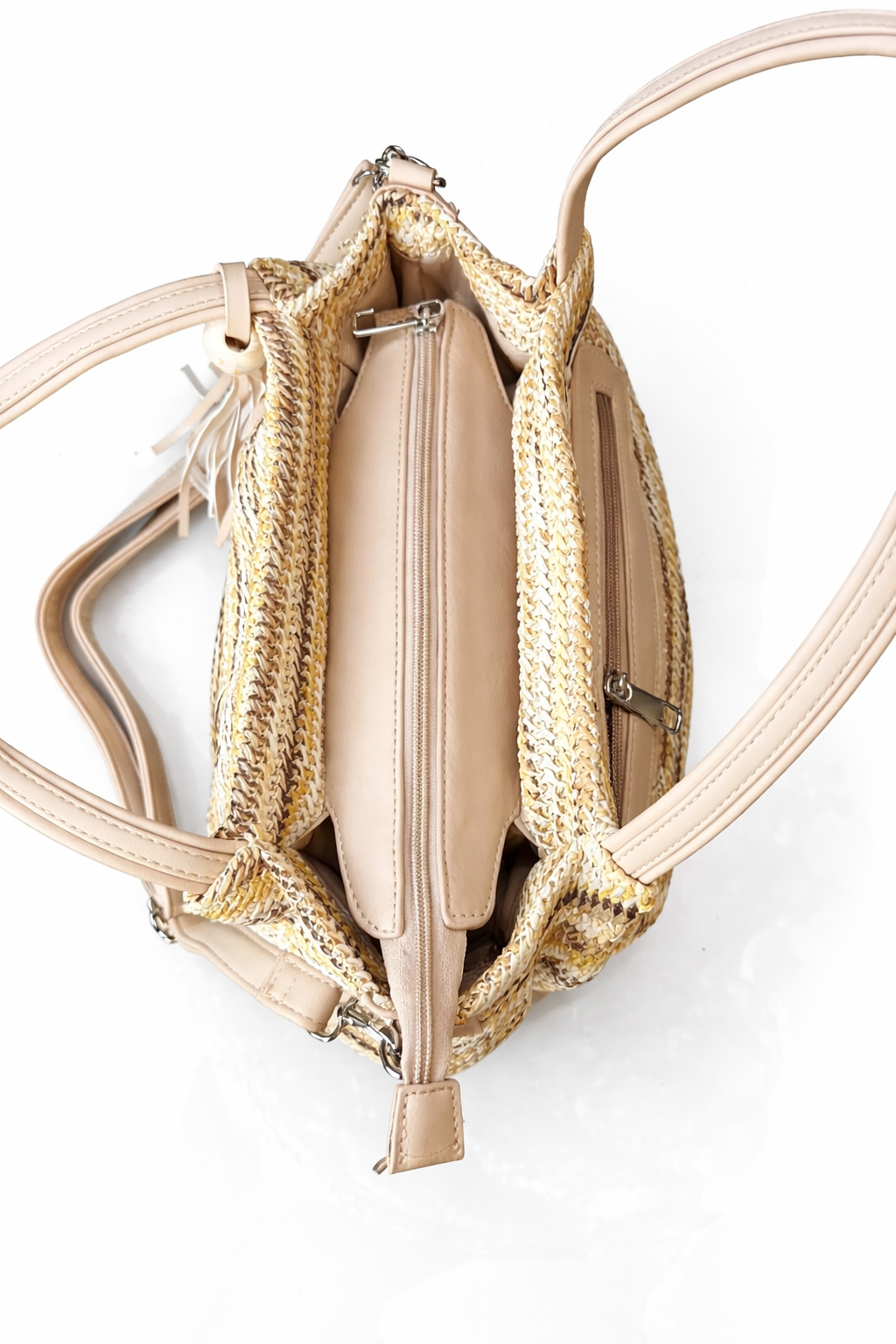 Beige handtas met schouderband & kwast – zomerse strandtas
