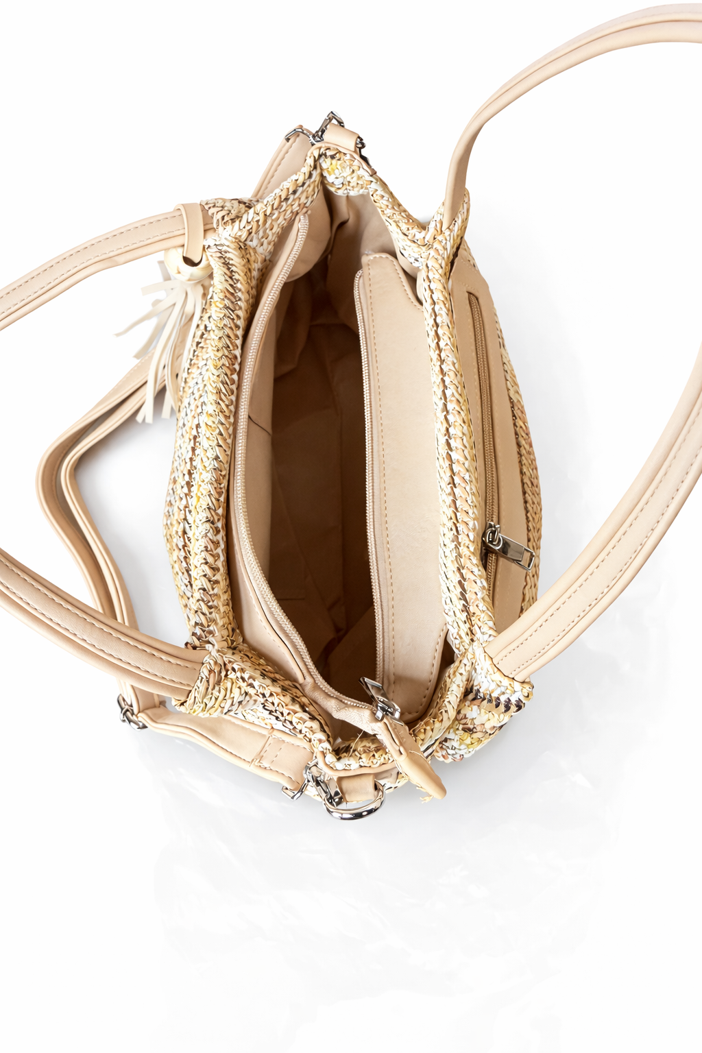 Beige handtas met schouderband & kwast – zomerse strandtas