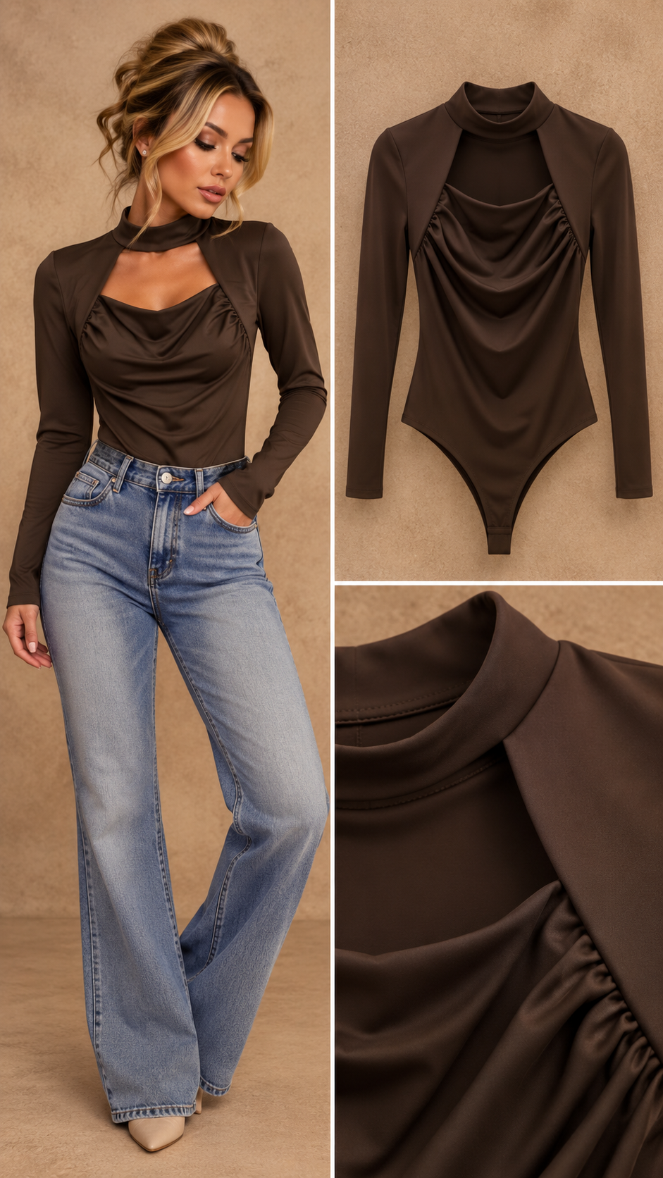 Anna V-hals stretch body bruin