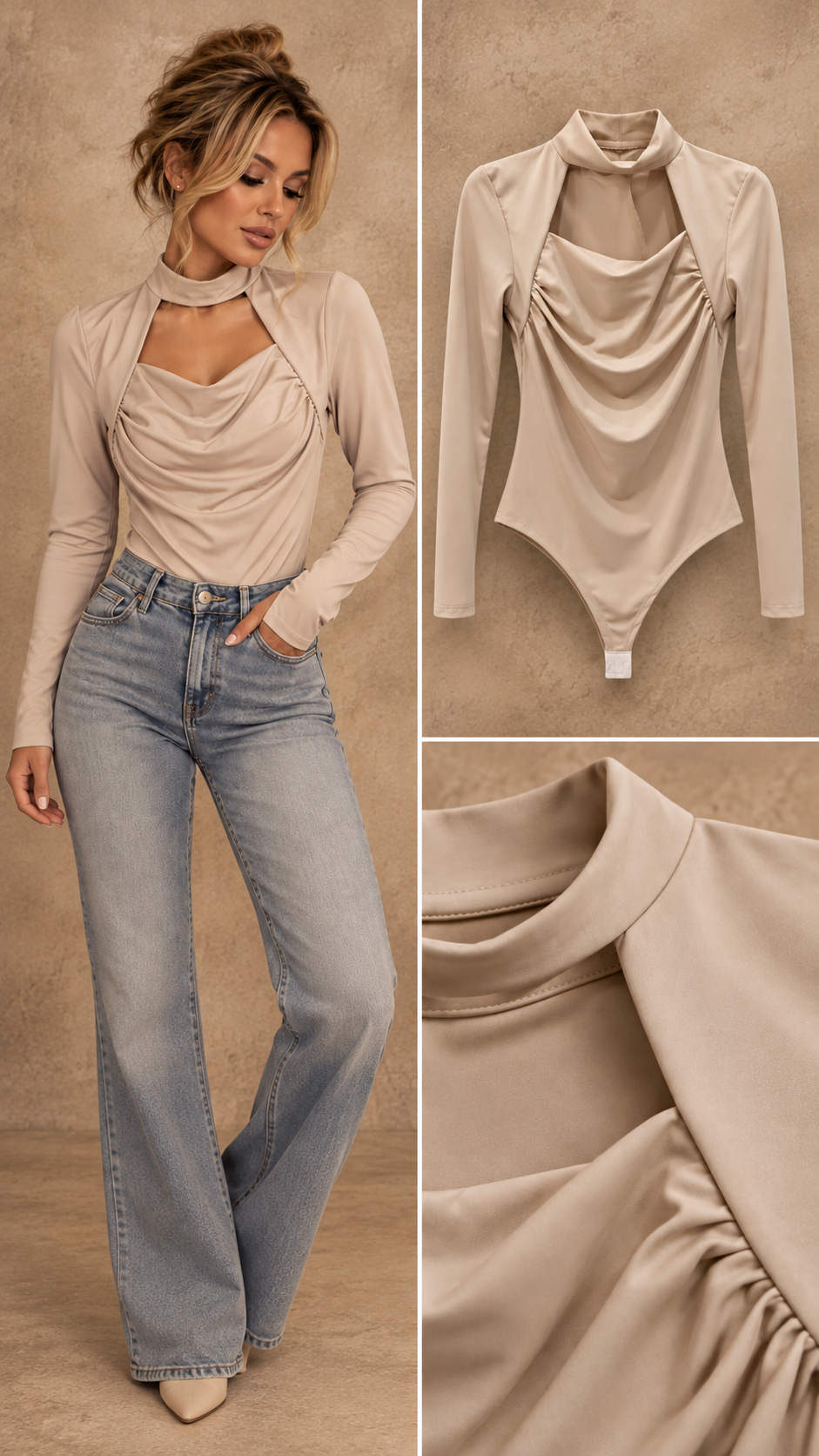 Anna V-hals stretch body beige