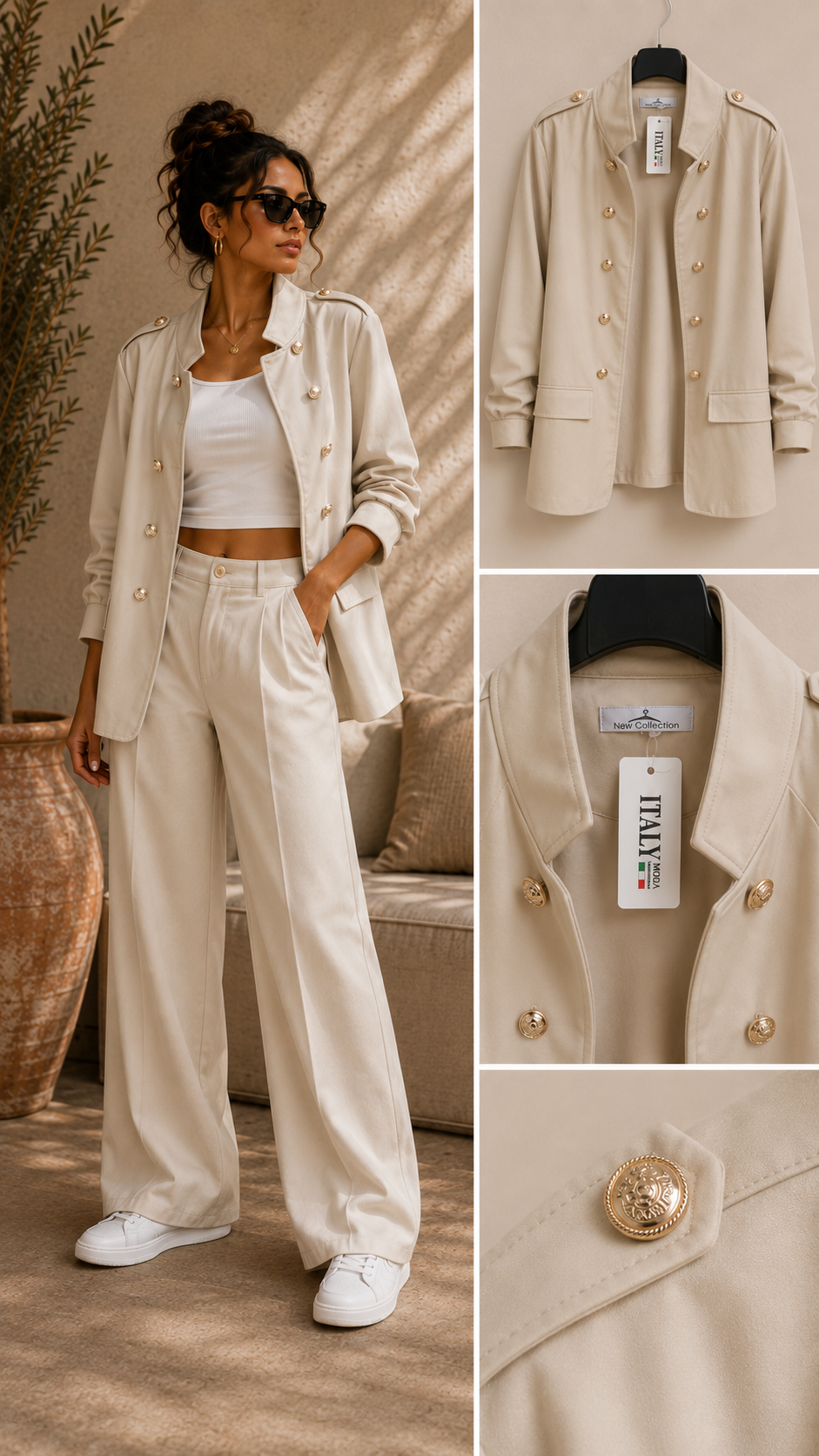 Esmee Crème lederlook jasje met gouden knopen