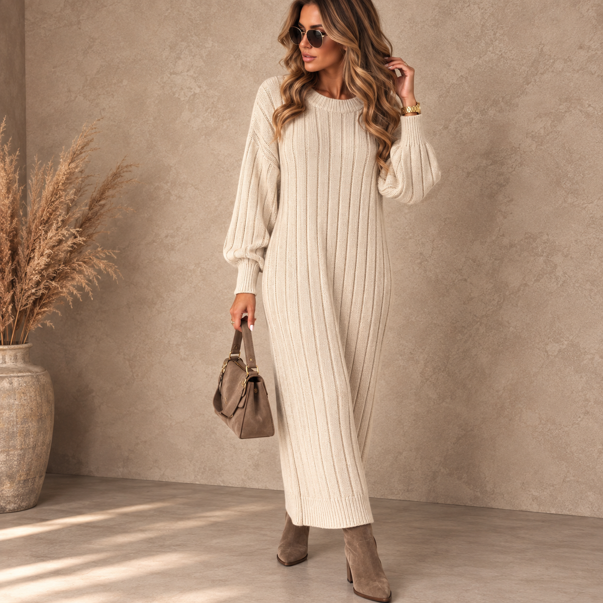 Chantal gebreide jurk lang beige