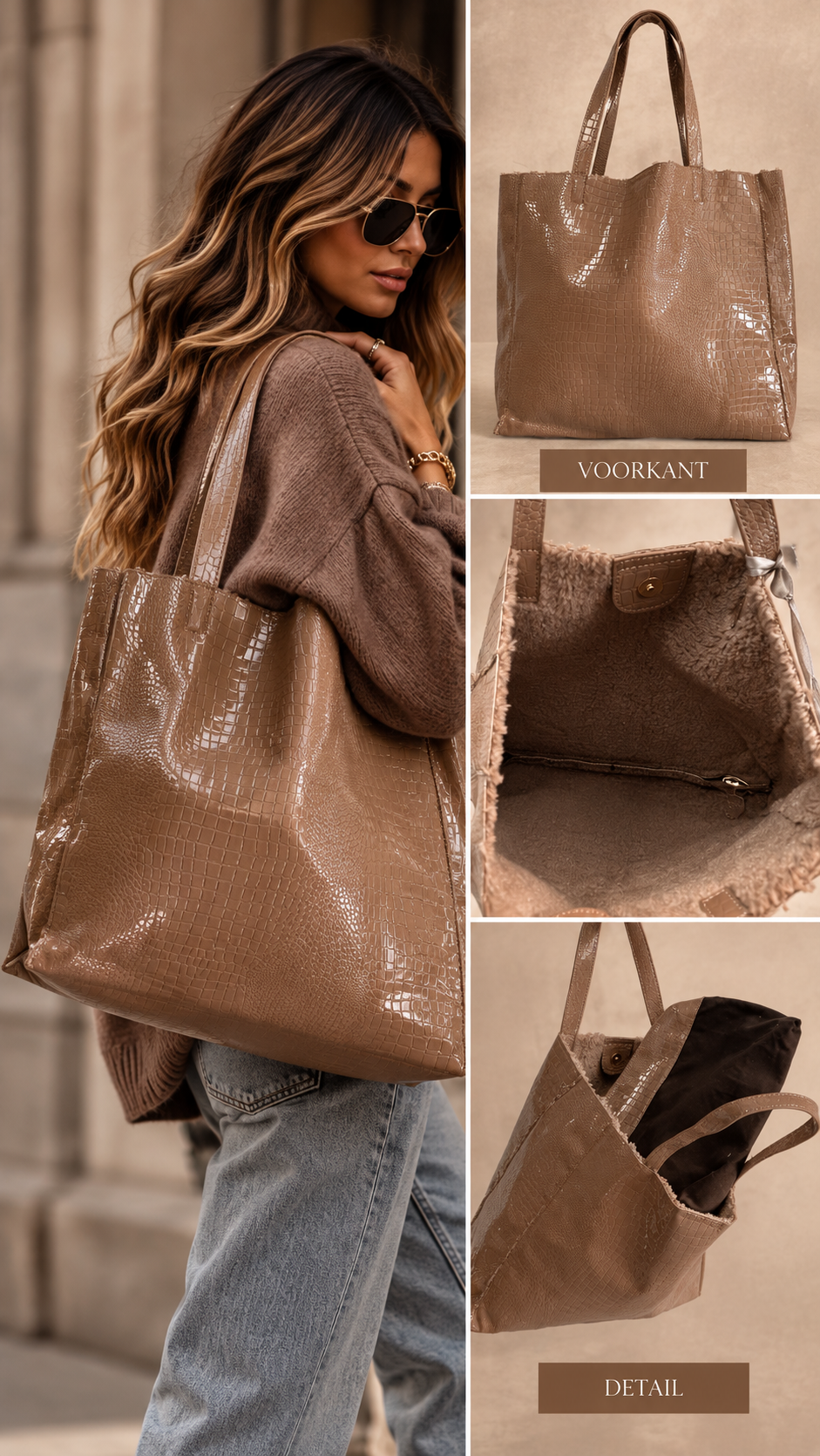 Liv Python lederlook schouder tas beige