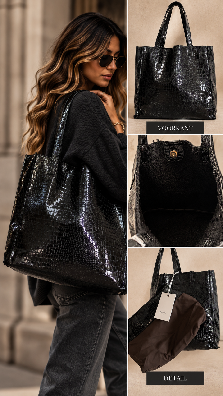 Liv Python lederlook schouder tas zwart