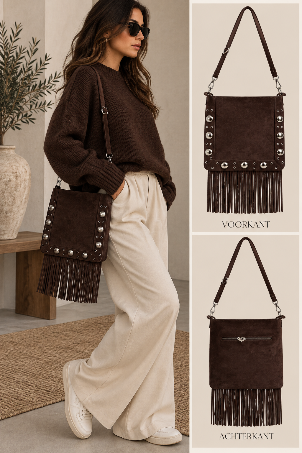 Billie schouder stud suèdine tas  bruin