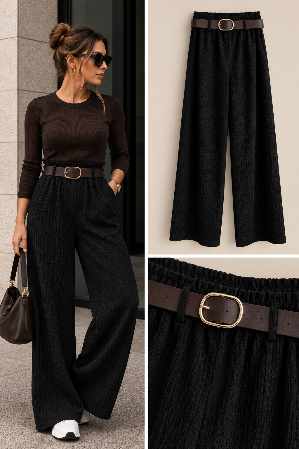 Lou crêpe broek met riem zwart