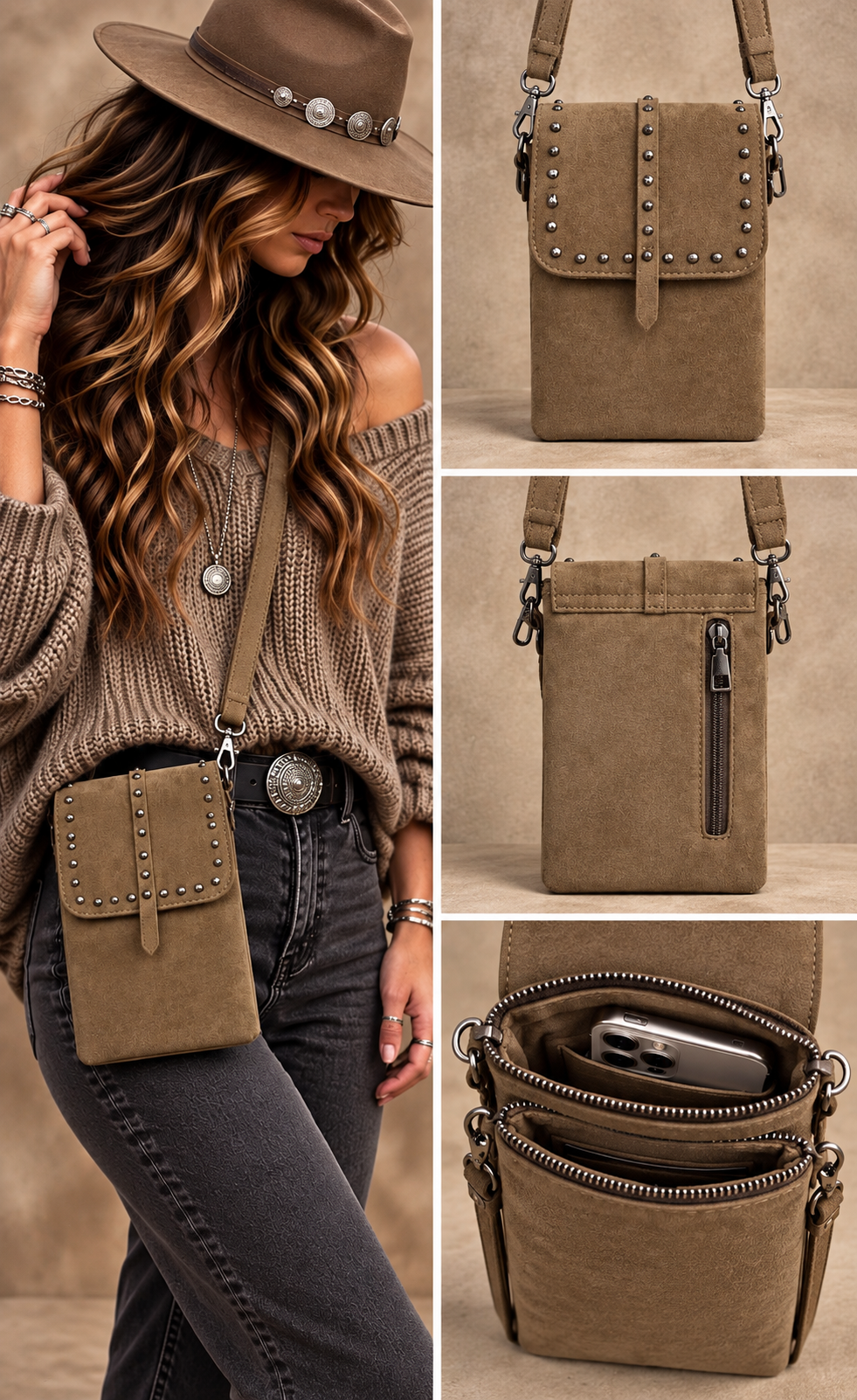 Romy suèdine telefoontas khaki