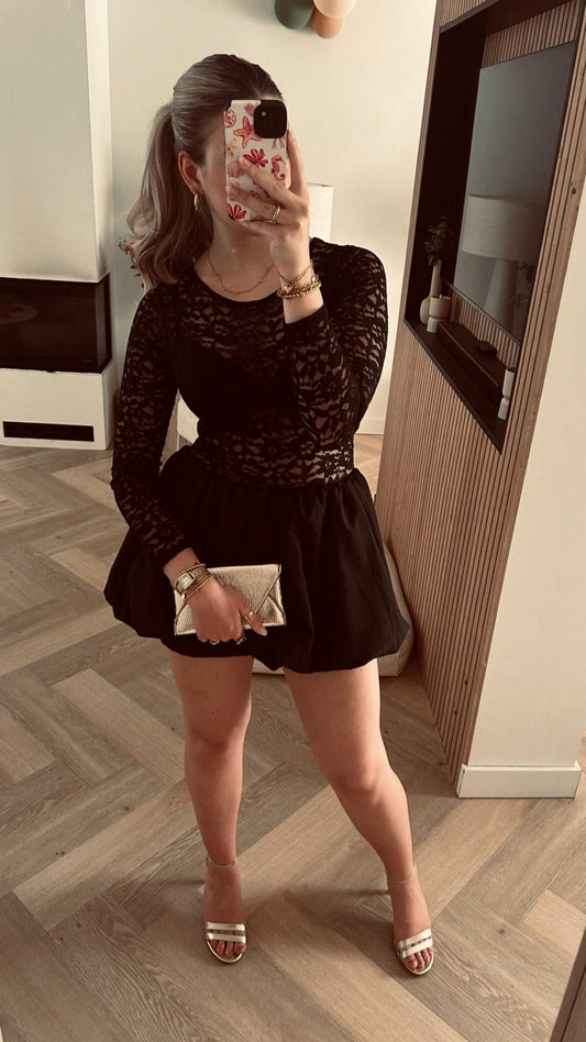 Lace Balloon Dress | Zwart