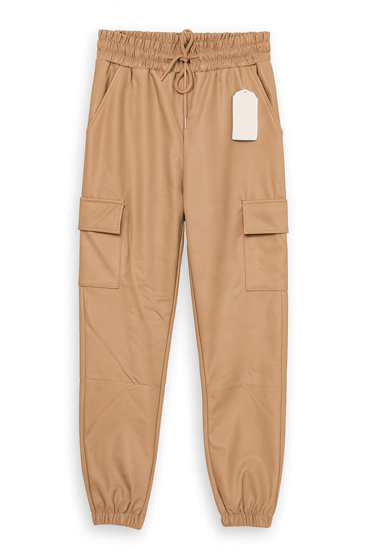 Leren look jogger camel