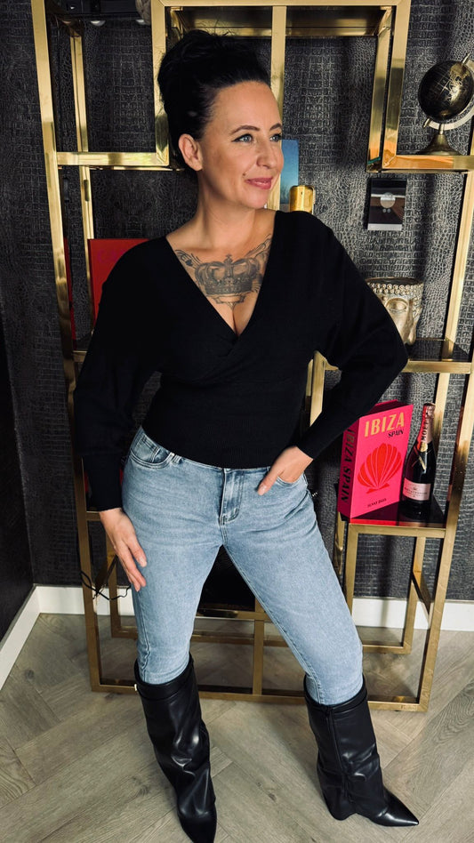V-hals Top | Zwart