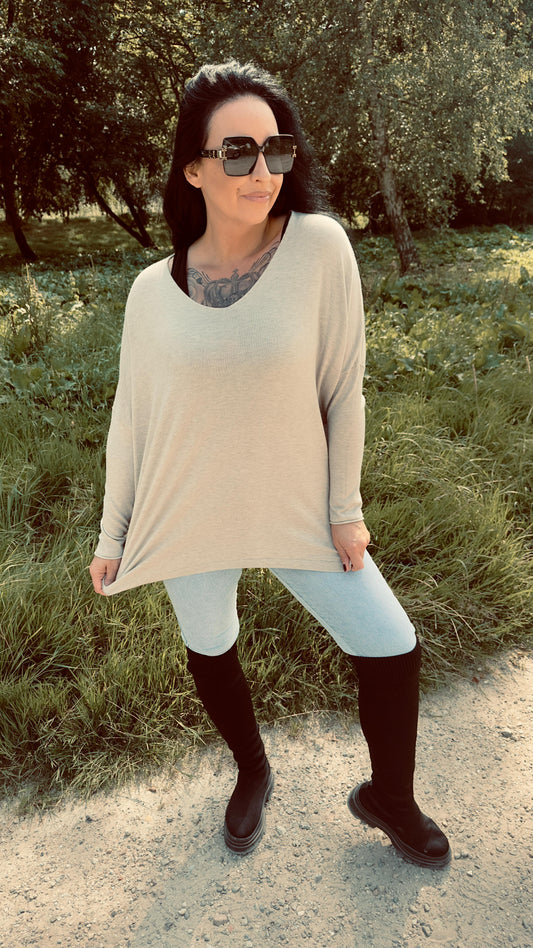 Wijde V-hals Top | Beige